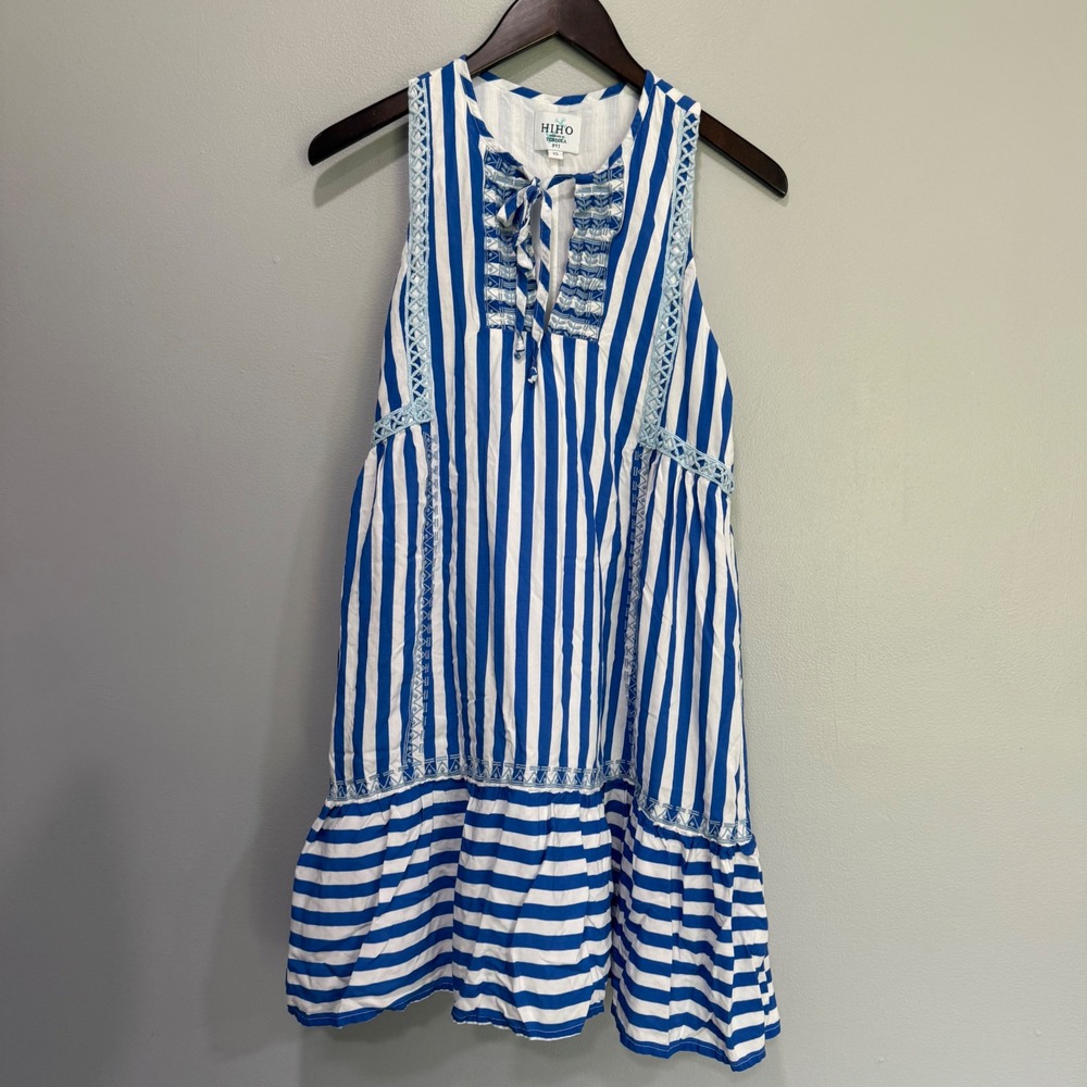 HIHO Tortola BVI Blue White Striped Sleeveless Ruffle Mini Dress XS resort beah